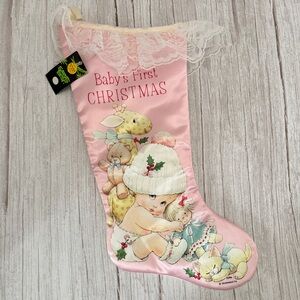 Baby's First Christmas Pink Satin Morehead Christmas Stocking Teddy Doll Vtg